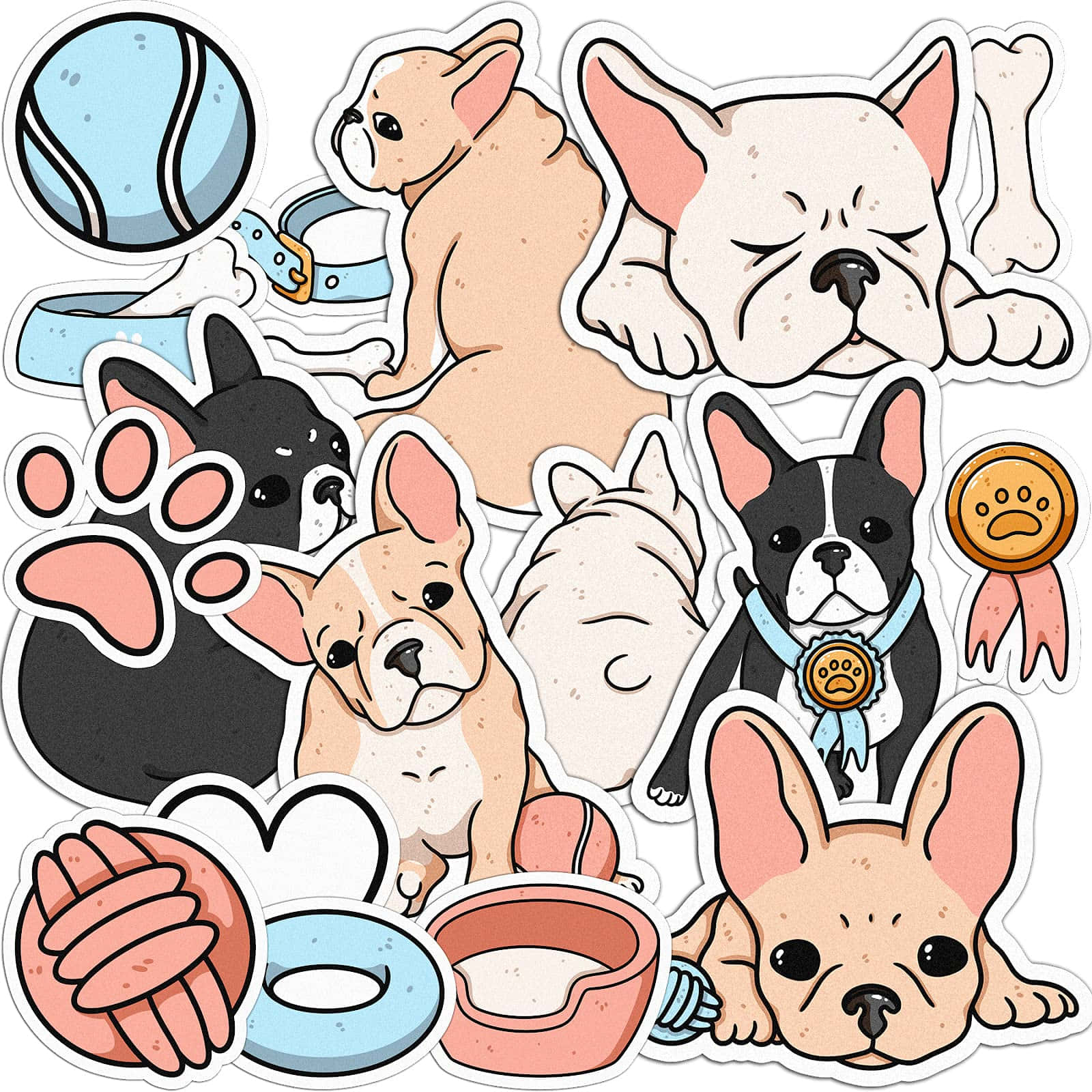 Cute Cartoon Dog 桌布 壁紙 — 可愛的法國鬥牛犬貼紙，配有玩具、食物和獎品，柔和粉彩顏色。