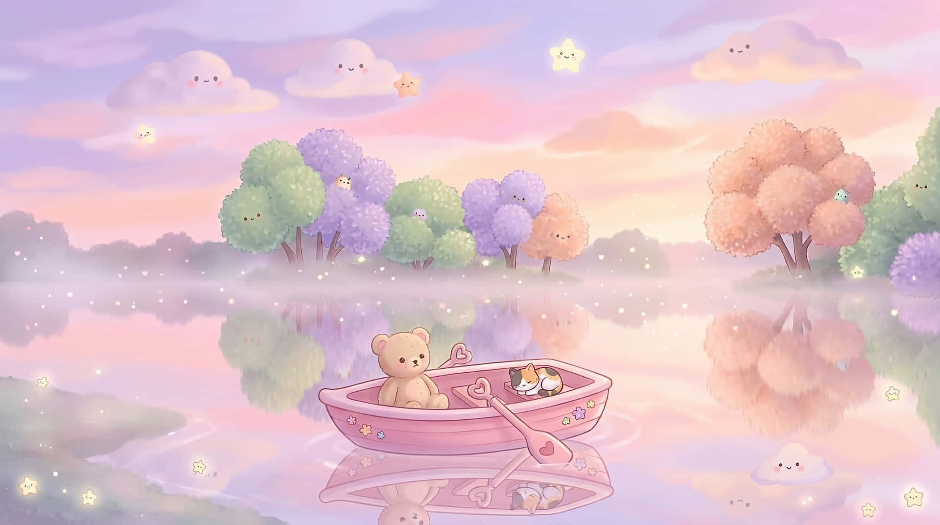 Whimsical Kawaii Lake Adventure with Bear and Cat at Sunset 壁紙 — 可愛的泰迪熊和貓咪在夢幻粉彩湖上乘坐粉紅色小船，天空中有微笑的雲朵和閃爍的星星。