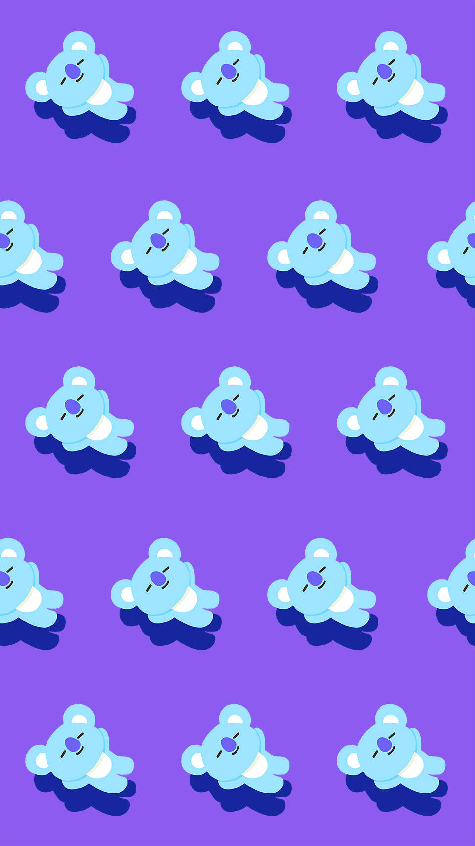 可愛的藍色卡通無尾熊漂浮在紫色圖案背景上。 — BT21 GIF 壁紙