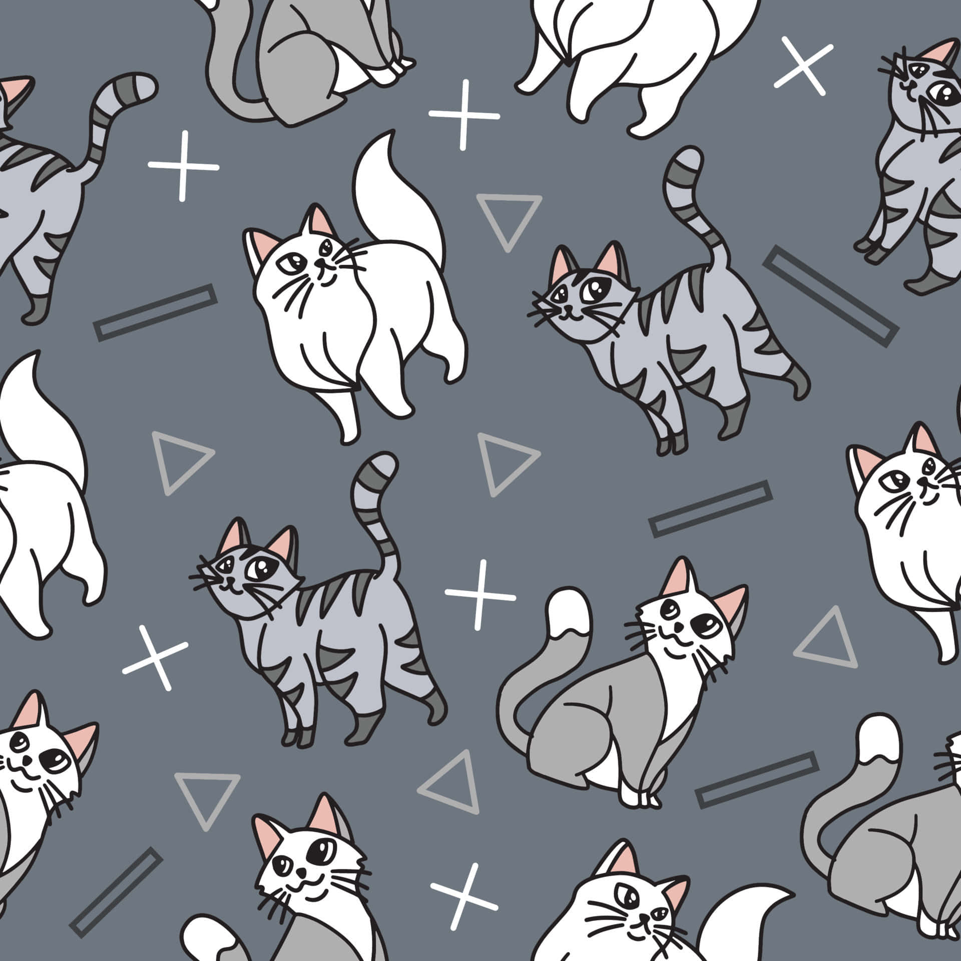 Cute Cat Pattern 桌布 壁紙 — 可愛的灰色和白色卡通貓咪姿勢散落在帶有幾何形狀的深灰色背景上。