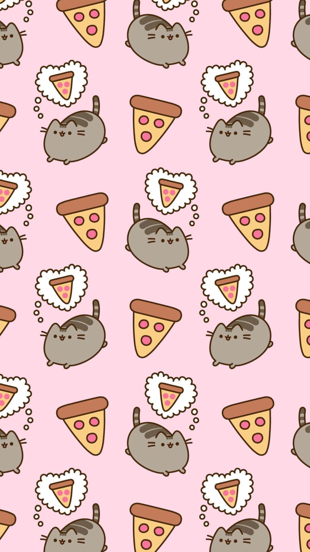 在粉紅色背景上夢想著披薩片的可愛灰色貓咪。 — Pusheen 動圖 壁紙