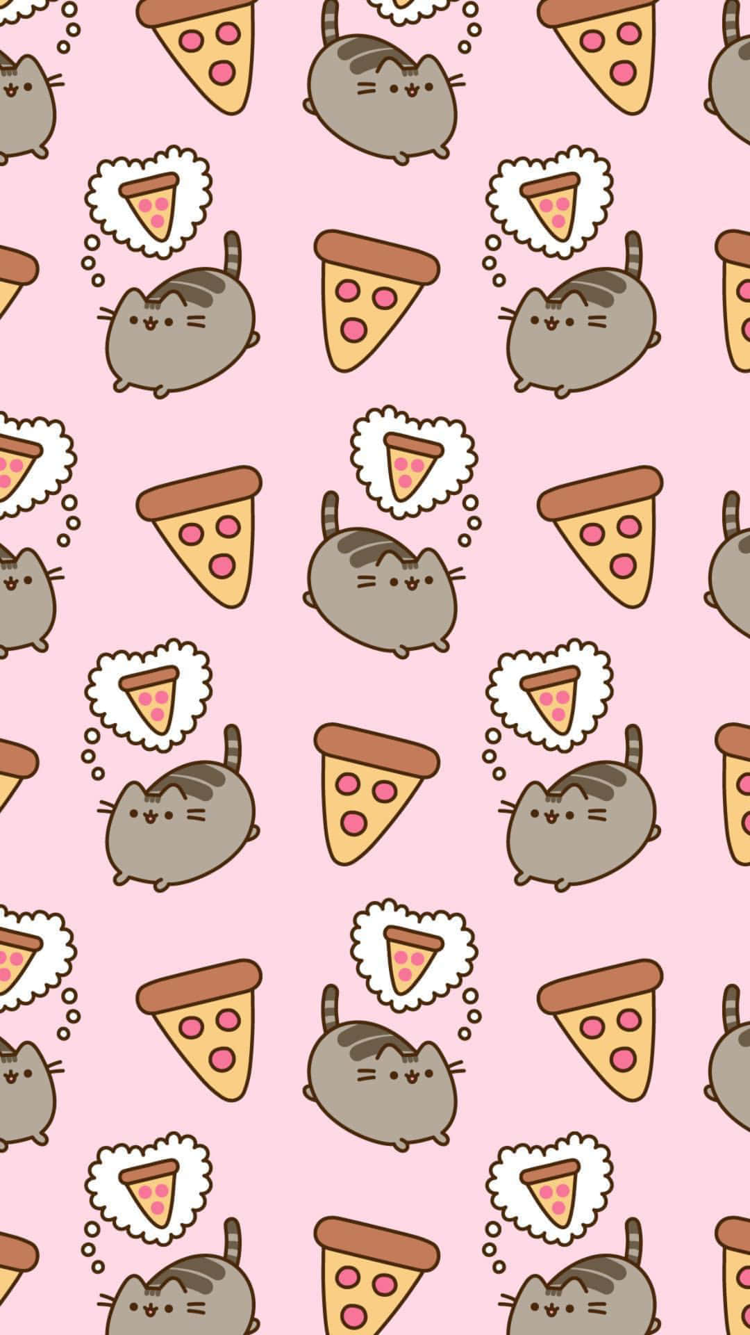 pusheen 動圖 桌布 壁紙 — 可愛的灰色貓咪角色在柔和的粉紅色背景前夢想著起司披薩片。