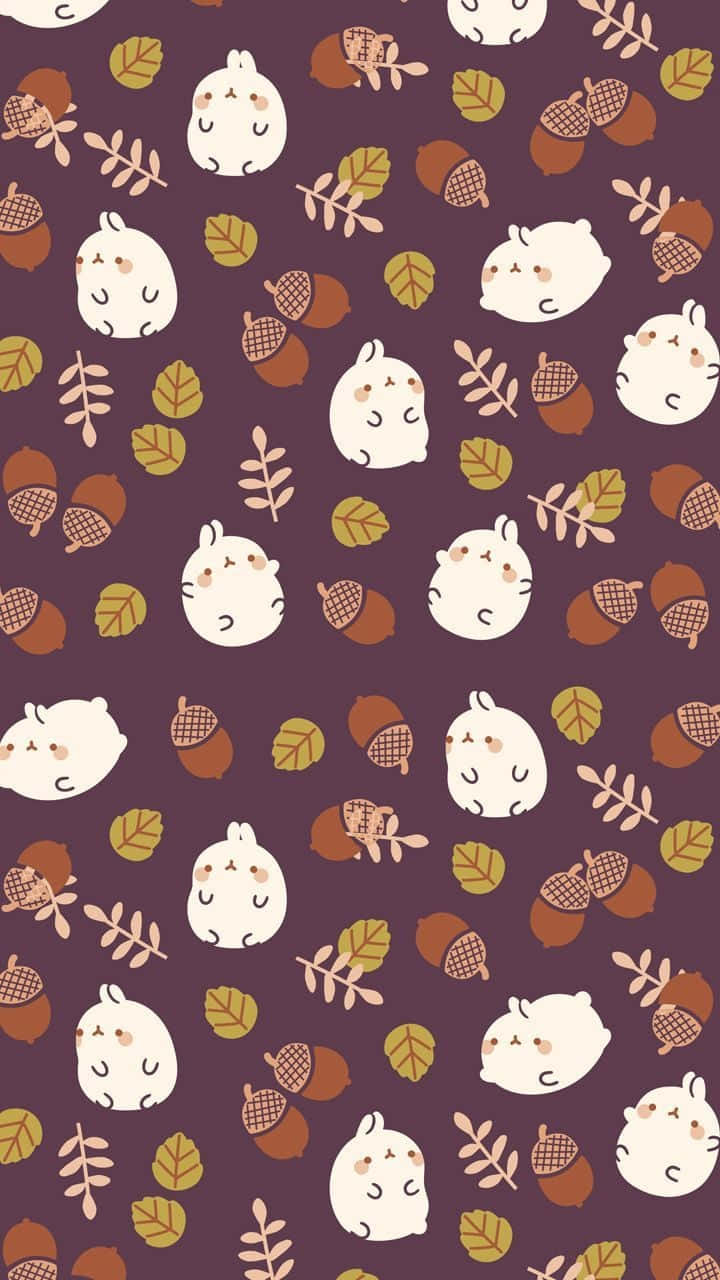 Molang 桌布 壁紙 — 可愛的白兔，橡果和秋葉散落在深紫色背景上。