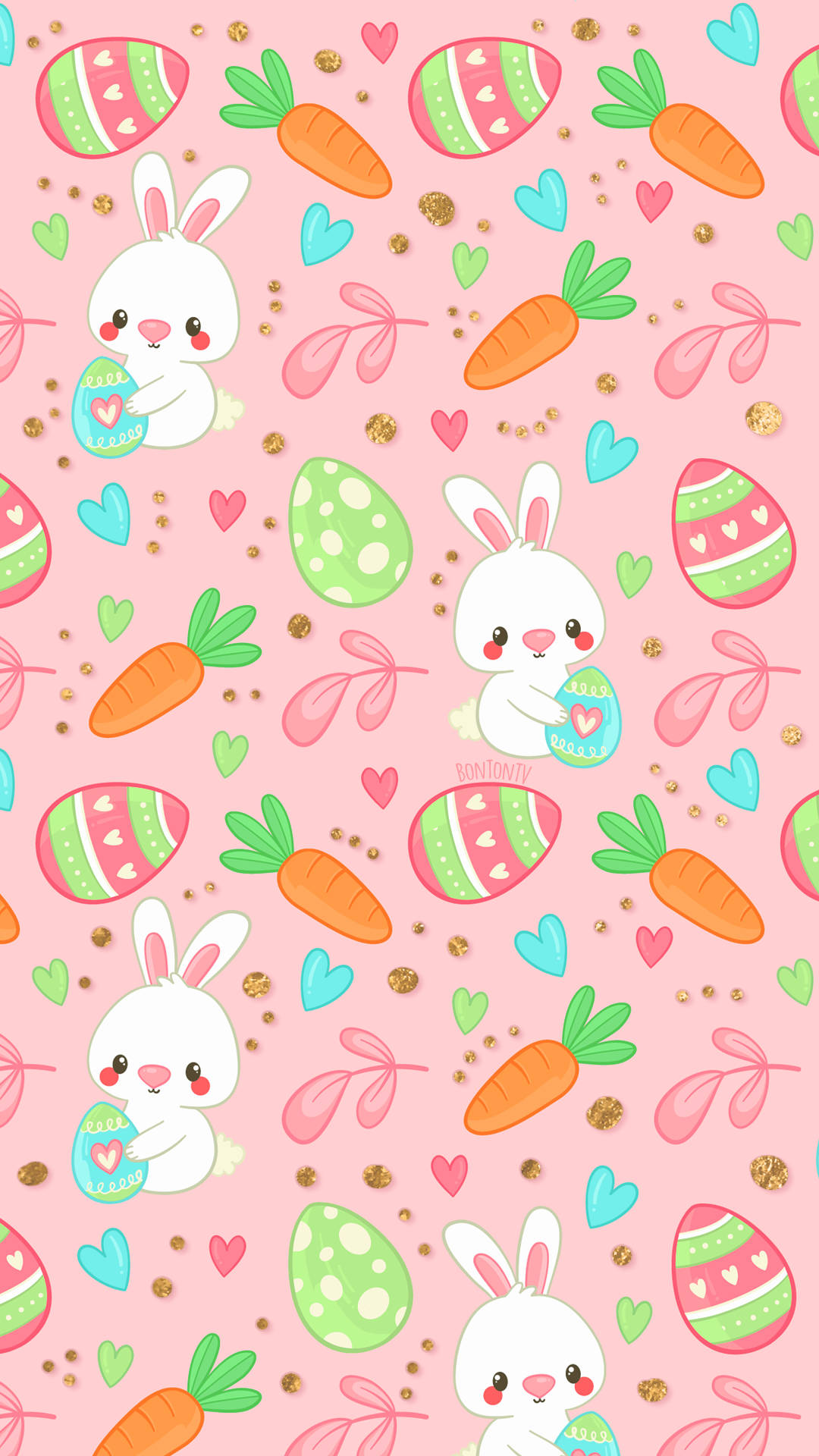 Easter Phone 桌布 壁紙 — 可愛的白兔在柔和的粉紅色背景上，拿著裝飾蛋，周圍有胡蘿蔔、愛心和亮粉。