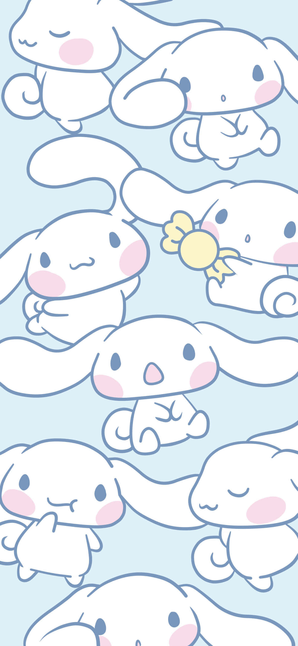 Cinnamoroll Sanrio 桌布 壁紙 — 可愛的白色兔子角色，帶有粉紅色臉頰，在柔和的藍色背景中以重複圖案漂浮。