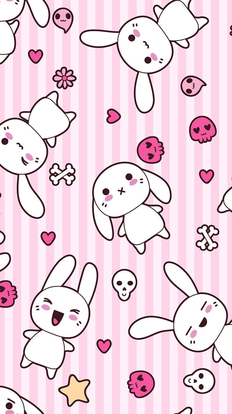 Kawaii Bunny 桌布 壁紙 — 可愛的白色卡通兔兔帶有粉紅色腮紅，漂浮在粉紅色垂直條紋壁紙上的愛心、骷髏頭和骨頭之間。