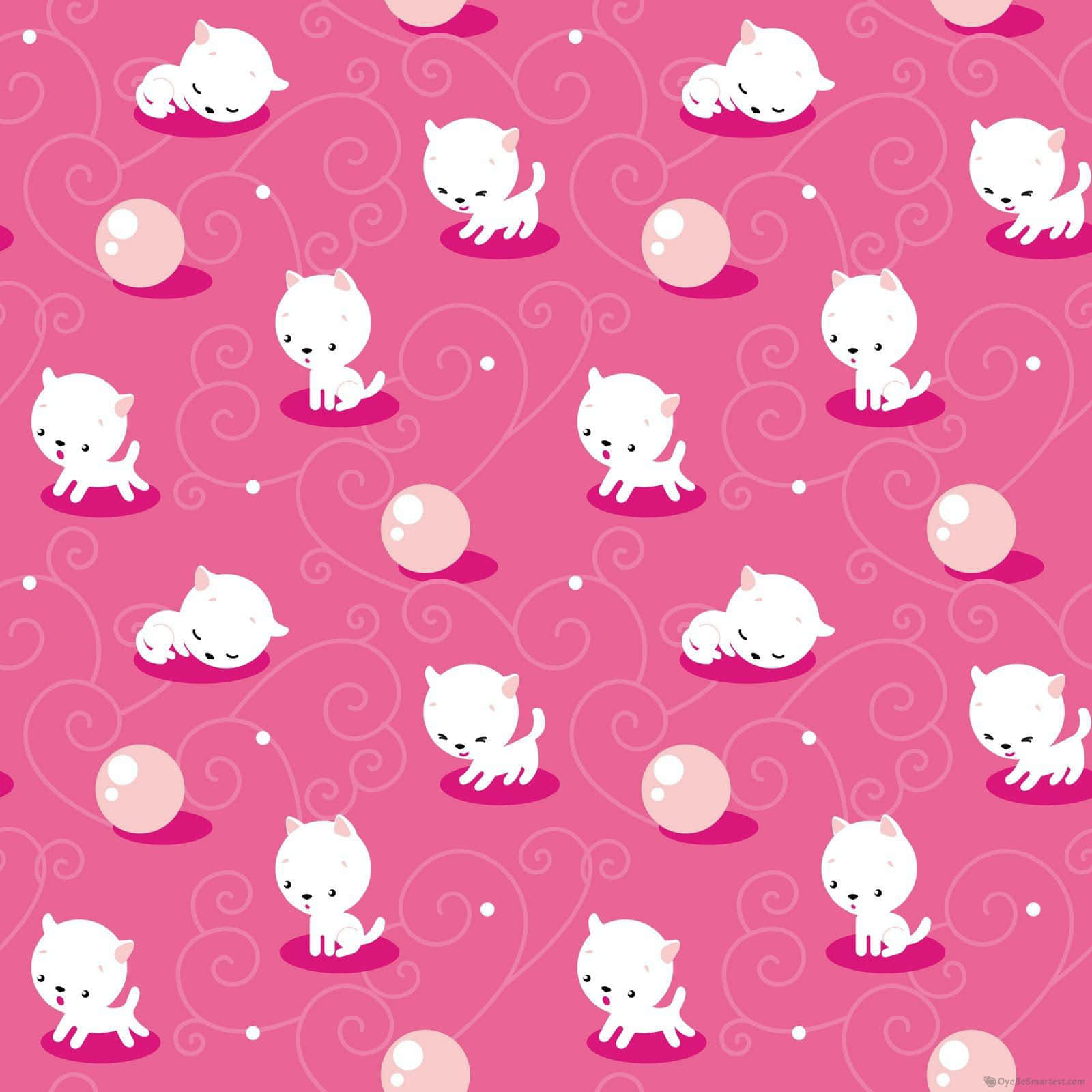 Cute Cat Pattern 桌布 壁紙 — 可愛的白色卡通小貓以各種姿勢散落在充滿活力的粉紅色背景上，背景帶有漩渦圖案和柔軟的球體。