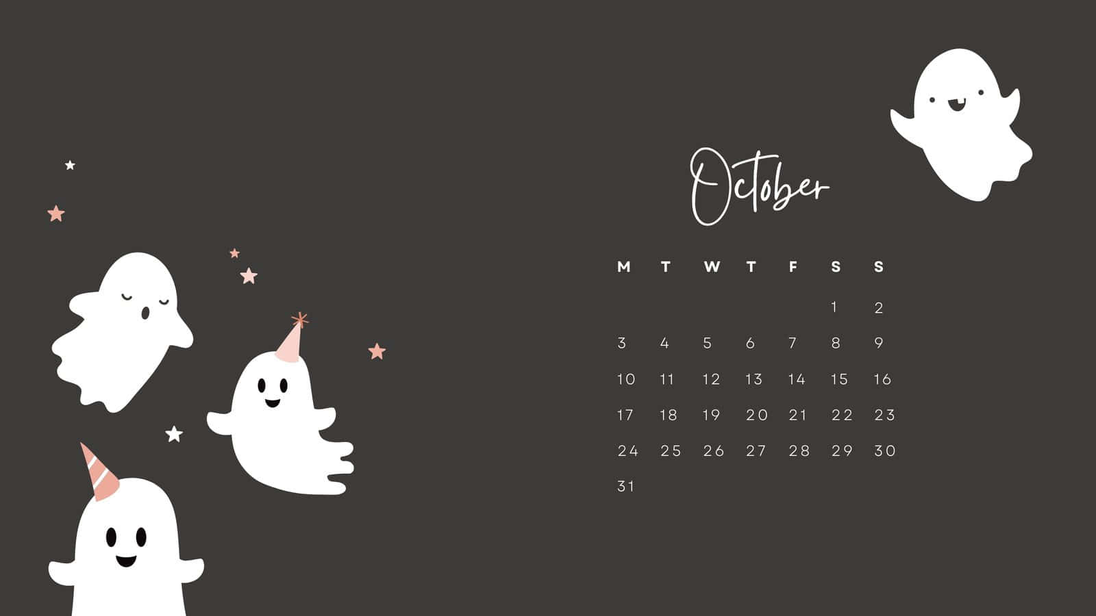 Halloween Macbook 桌布 壁紙 — 可愛的白色卡通幽靈戴著派對帽，在深灰色背景上飄浮在簡約的十月日曆周圍。
