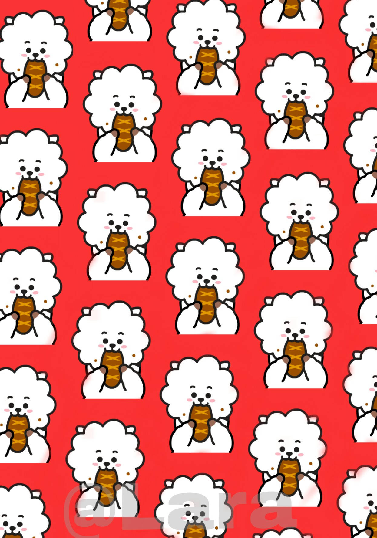rj bt21 桌布 壁紙 — 可愛的白色卡通狗，毛茸茸的，在鮮紅色背景上快樂地拿著和吃棕色香腸。