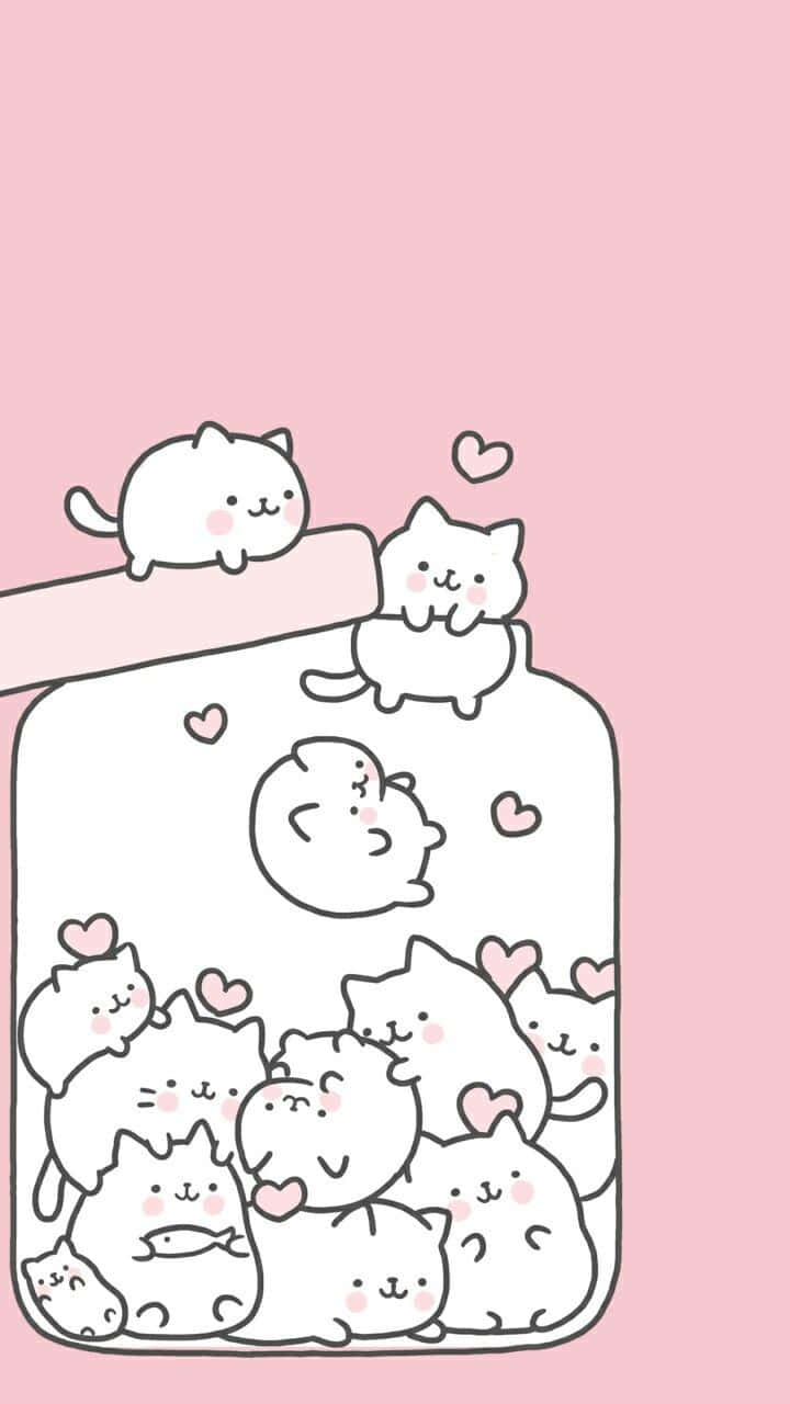 Cute Cartoon 桌布 壁紙 — 可愛的白色卡通貓咪，臉頰泛紅，在一個柔和的粉紅色背景上，漂浮著愛心的罐子裡依偎著。