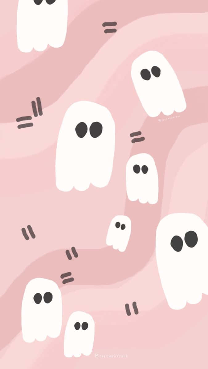 Cute Ghost 桌布 壁紙 — 可愛的白色卡通鬼魂在柔和的粉紅色漸變背景上頑皮地漂浮，帶有簡單的黑色眼睛和波浪線。