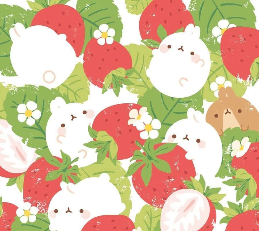 Cute Strawberry 桌布 壁紙 — 可愛的白色和棕色兔兔臉從鮮紅草莓和綠葉中探出頭來。