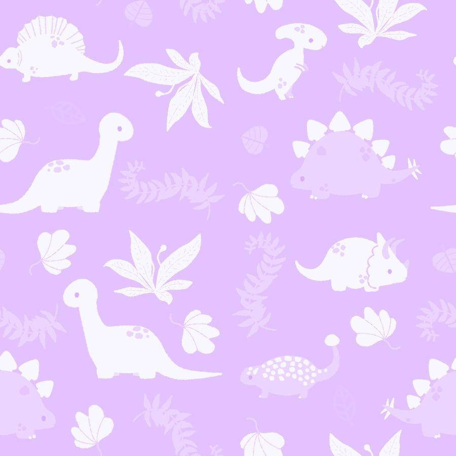 Cute Dinosaur 桌布 壁紙 — 可愛的白色恐龍和葉子剪影漂浮在柔和的薰衣草背景上，形成有趣的重复圖案。