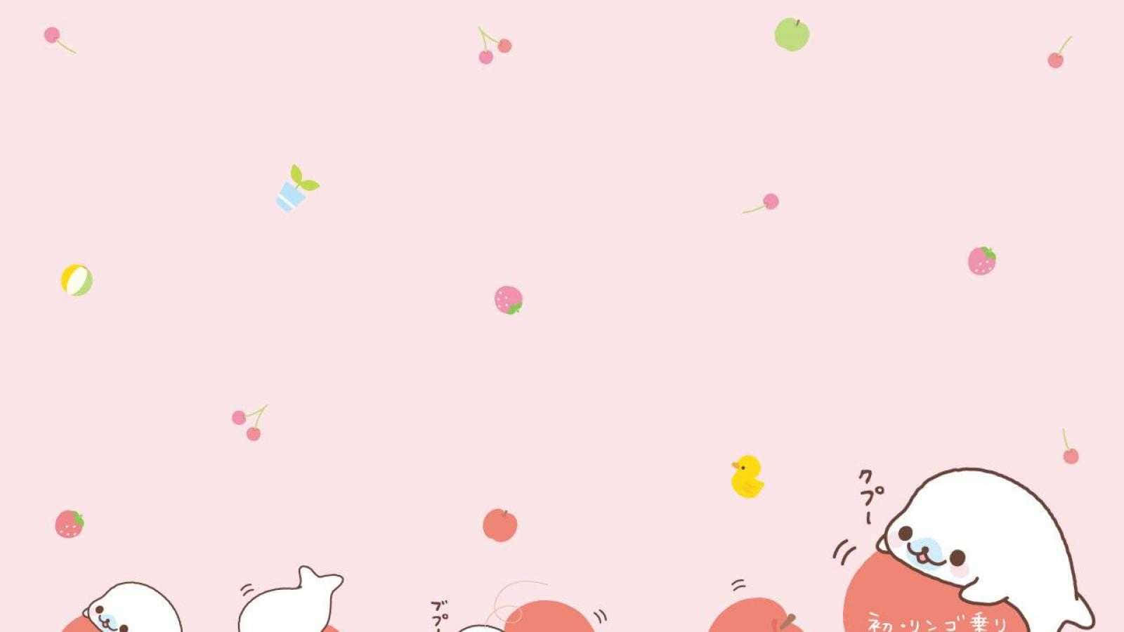 可愛粉色動圖 桌布 壁紙 — 可愛的白色海豹角色在柔和的粉紅色背景上，在掉落的水果和玩具之間頑皮地漂浮。