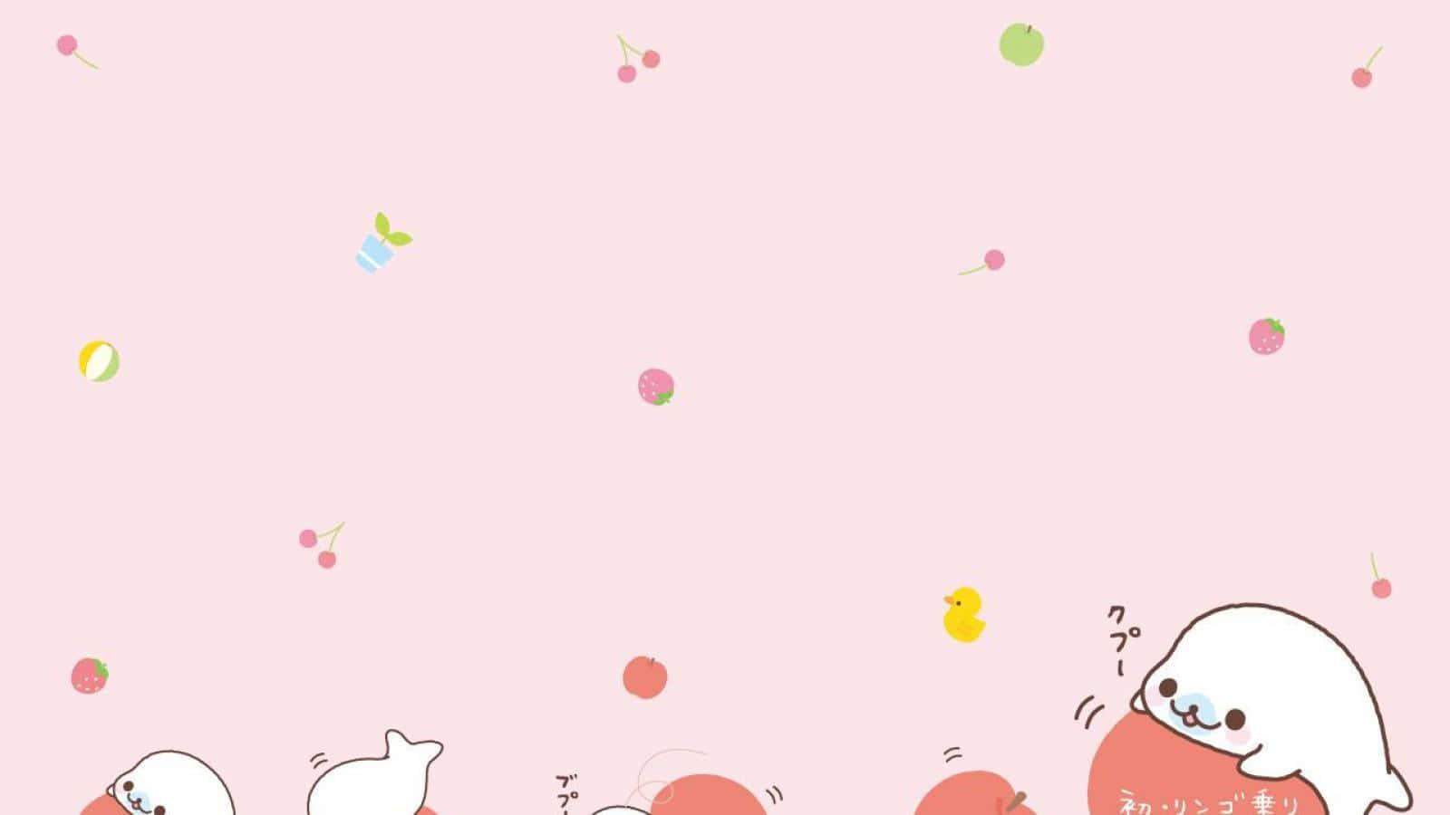 Pink Kawaii 桌布 壁紙 — 可愛的白色海豹角色在粉紅色背景上頑皮地彈跳，周圍有漂浮的水果和玩具。