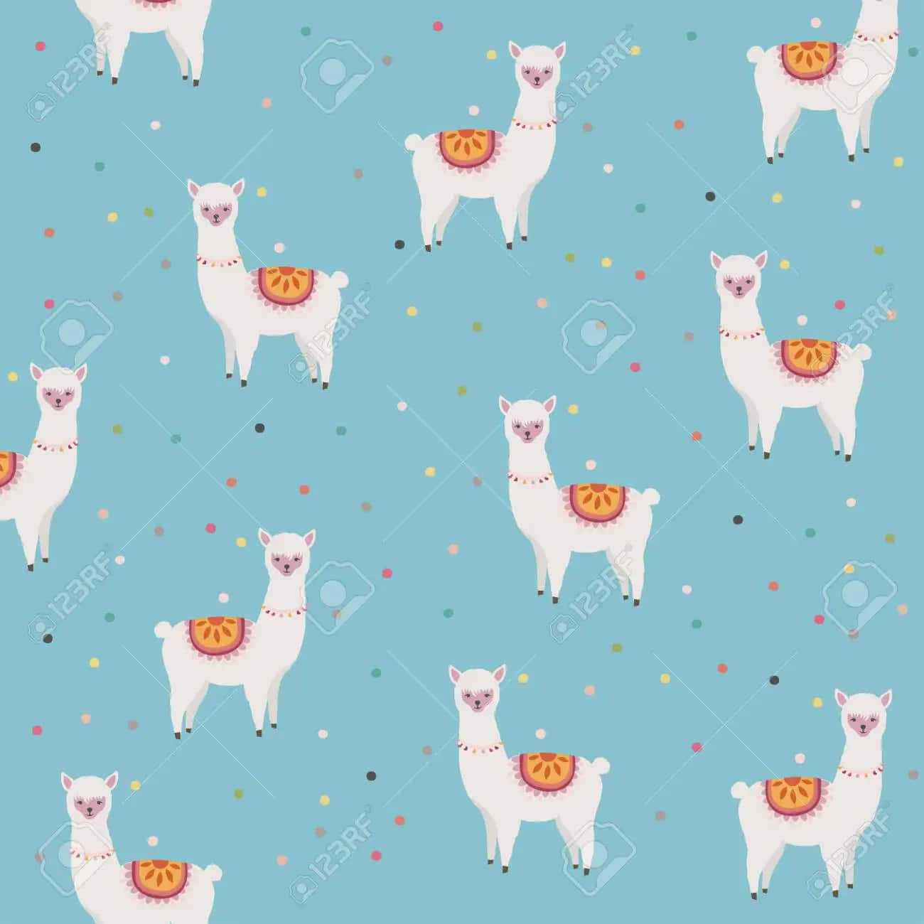 llama 桌布 壁紙 — 可愛的白色羊駝披著色彩繽紛的鞍毯，站在淺藍色背景上，點綴著粉彩紙屑。