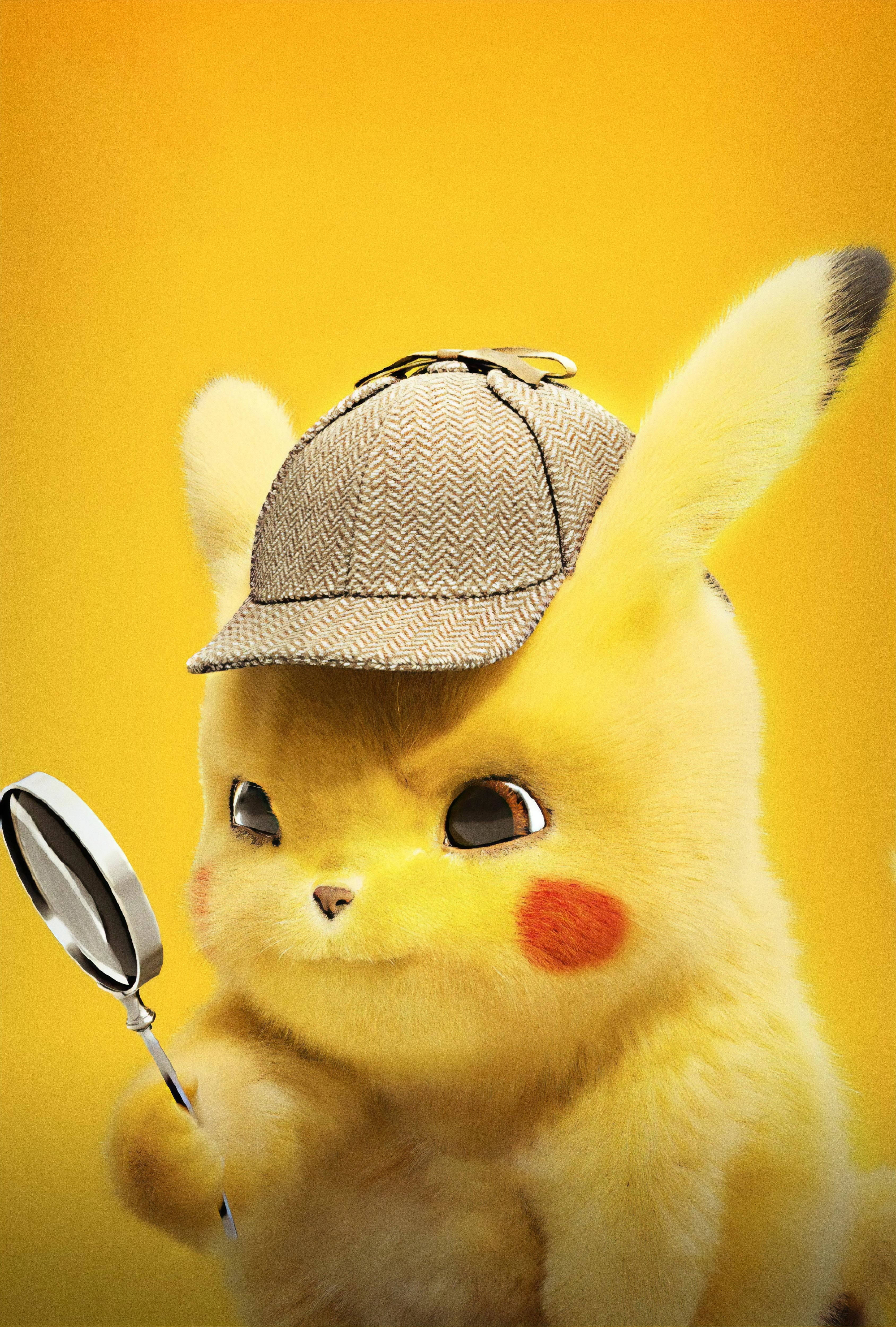Pokémon 手機 桌布 壁紙 — 可愛的皮卡丘戴著偵探帽，拿著放大鏡，在溫暖的黃色背景前。