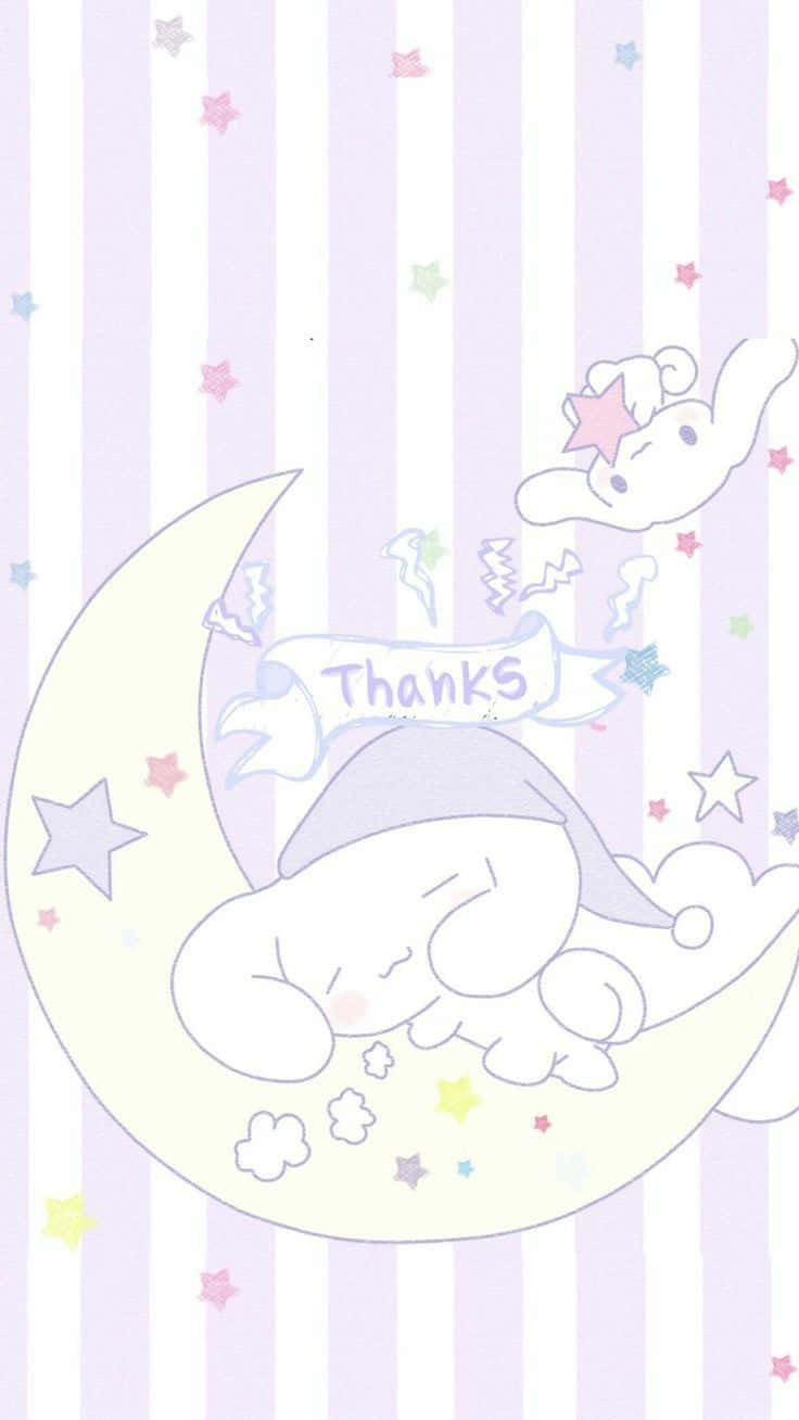 桌布 壁紙 — 可愛的睡著的Cinnamoroll在新月上休息，被星星和漂浮的'Thanks'橫幅包圍，背景是粉彩條紋壁紙。