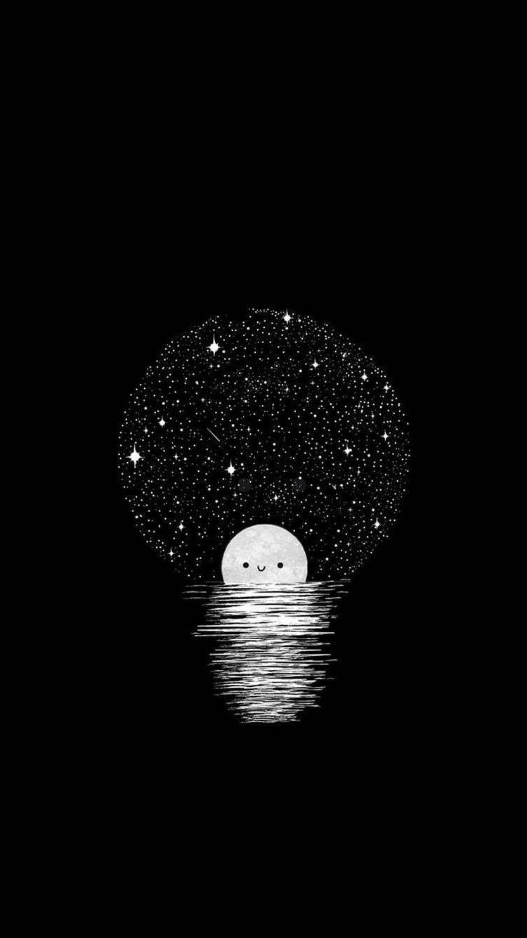 可愛黑色風格 桌布 壁紙 — 可愛的笑臉月亮升起在水面上，反射出星空，極簡黑白插圖。