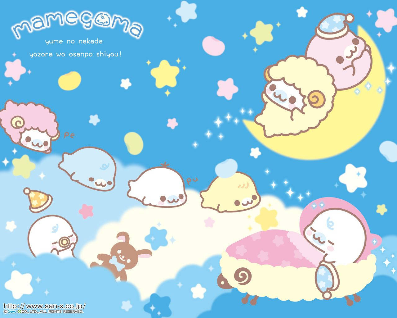 Cute Sanrio 桌布 壁紙 — 可愛的粉彩 Kawaii 羊和動物在明亮的藍天中，在星星和雲朵之間平靜地漂浮。