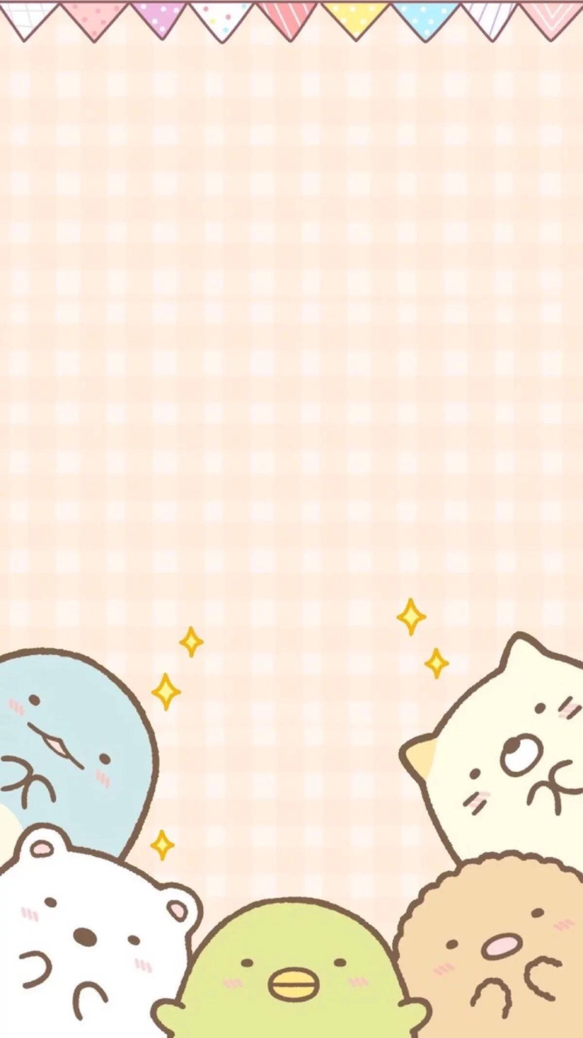 角落生物 桌布 壁紙 — 可愛的粉彩 Kawaii 角色從格子壁紙底部探出頭來，上方掛著節日彩旗。