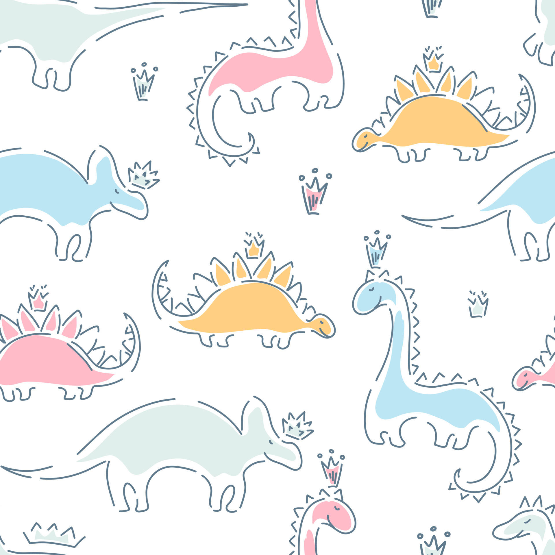 Cute Dinosaur Pattern 桌布 壁紙 — 可愛的粉彩卡通恐龍，戴著小皇冠，散落在白色背景上，形成有趣的重复圖案。