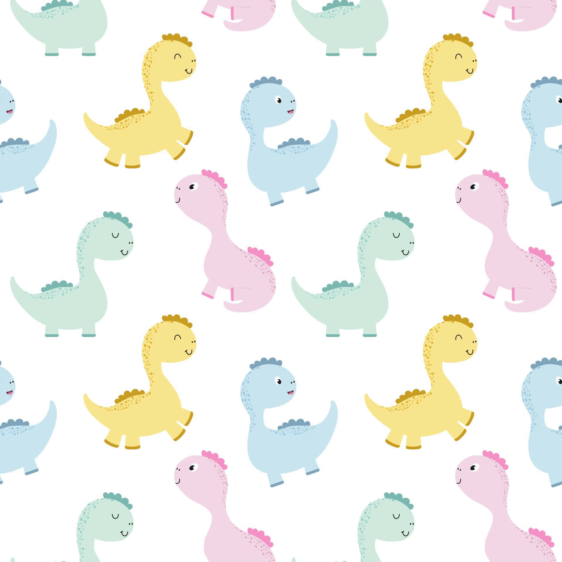Cute Dinosaur 桌布 壁紙 — 可愛的粉彩卡通恐龍在乾淨的白色背景上重複圖案。