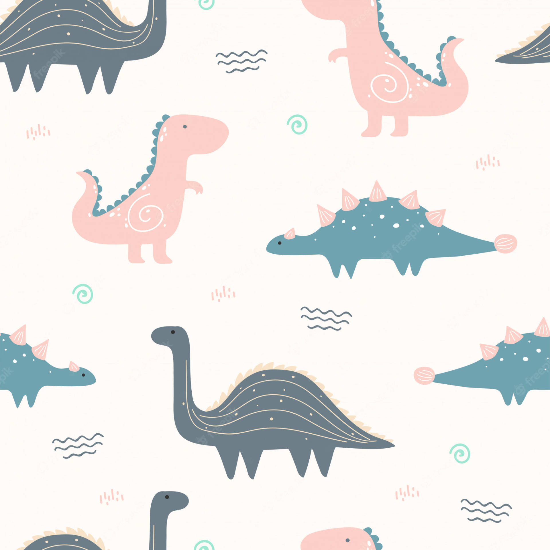 Cute Dinosaur 桌布 壁紙 — 可愛的粉彩卡通恐龍帶有漩渦圖案，漂浮在帶有俏皮波浪線的奶油色背景上。