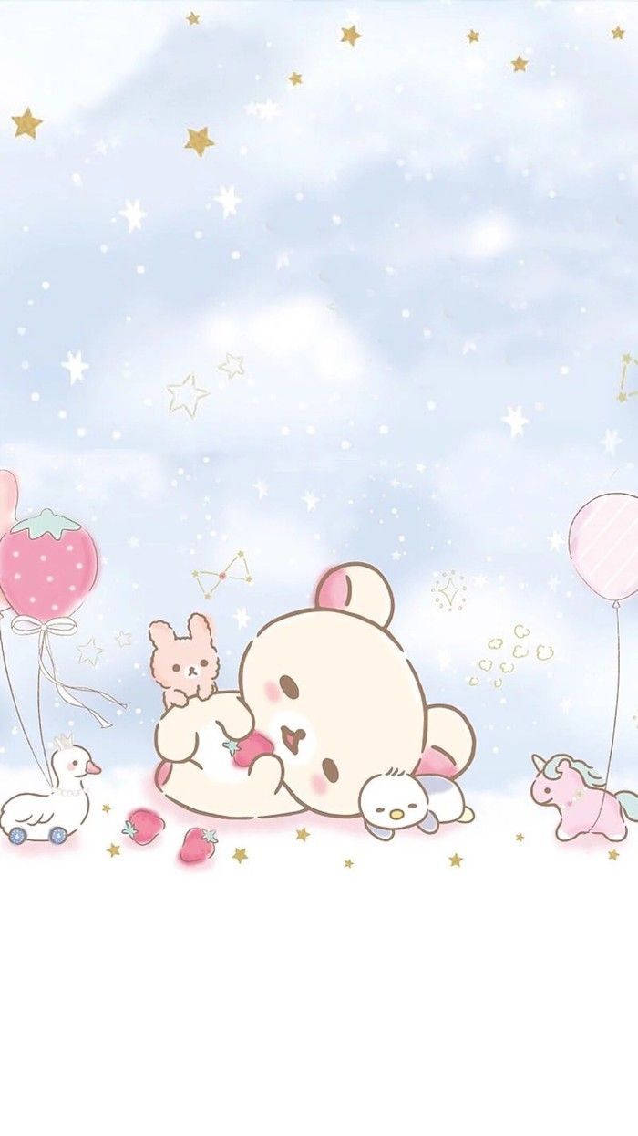可愛粉色動圖 桌布 壁紙 — 可愛的粉彩小熊在星空下擁抱小兔子，周圍有漂浮的氣球和草莓。