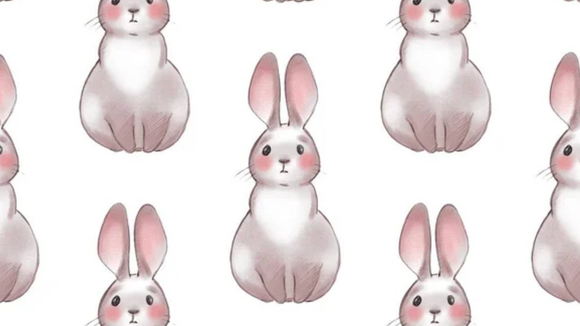 White Rabbit 桌布 壁紙 — 可愛的粉彩水彩小兔，臉頰紅潤，以重複圖案排列在潔白背景上。