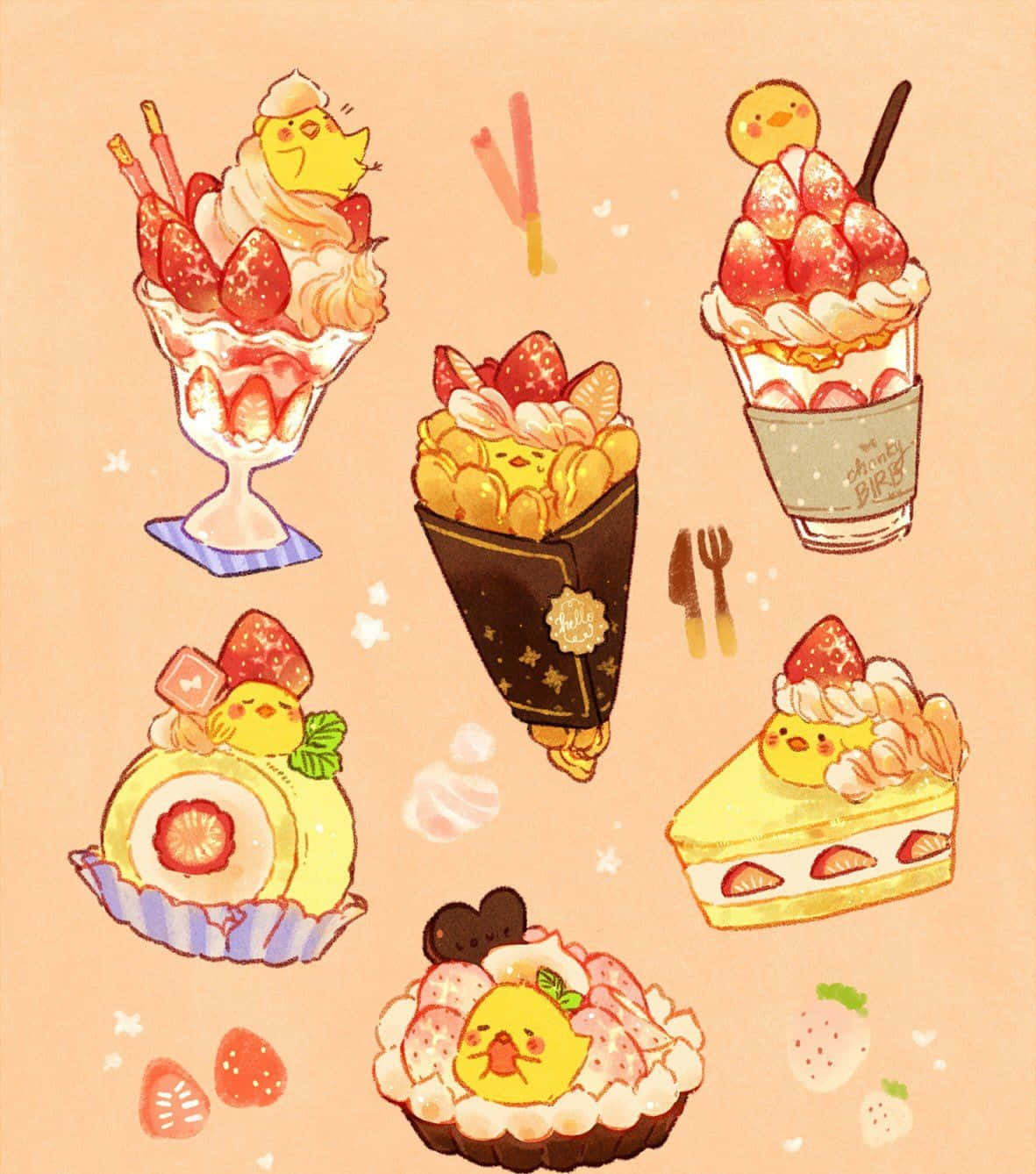 Kawaii Dessert 桌布 壁紙 — 可愛的粉彩甜點，上面有可愛的黃色小雞和草莓，漂浮在柔和的蜜桃色背景上。