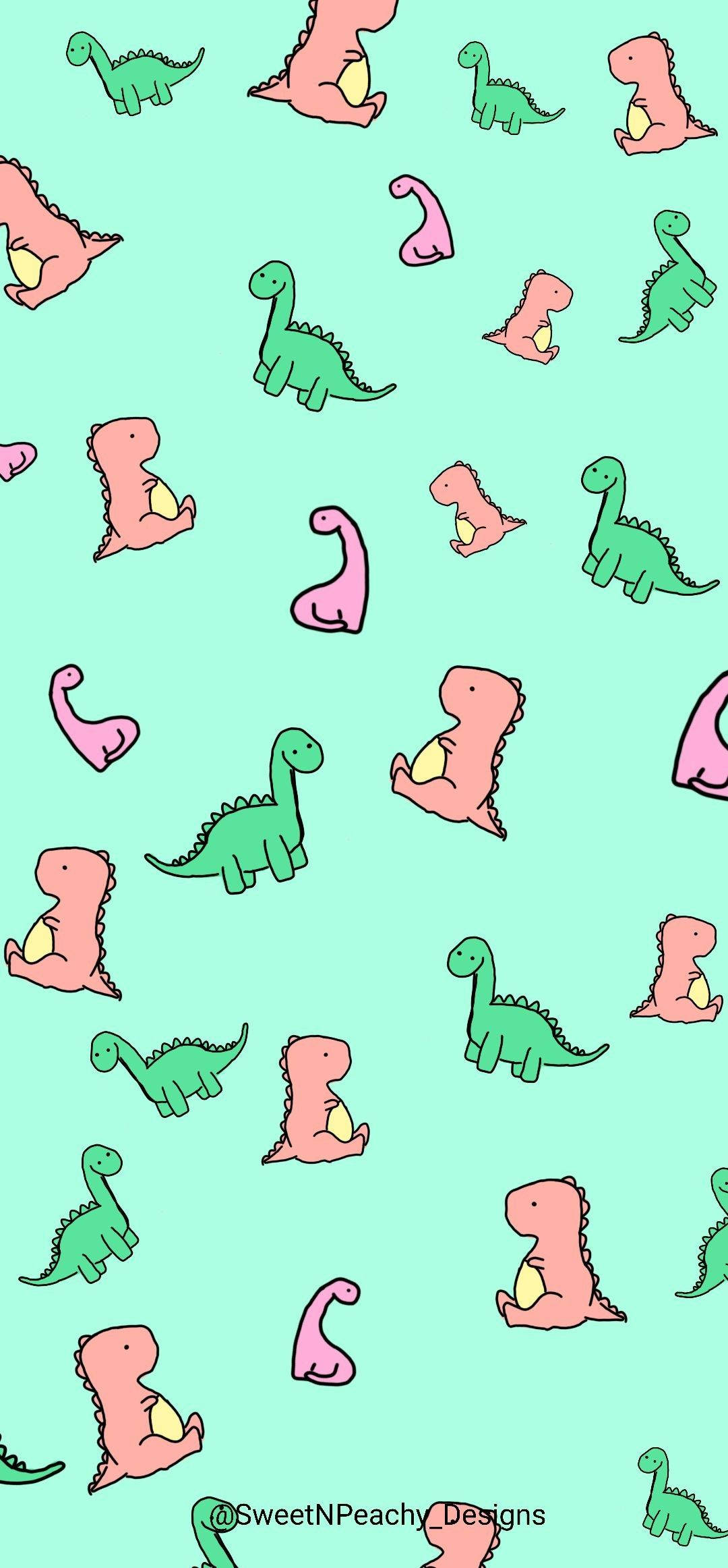 Cartoon Dinosaur Phone 桌布 壁紙 — 可愛的粉彩粉紅色和綠色卡通恐龍散落在薄荷綠色背景上，形成俏皮的重複圖案。