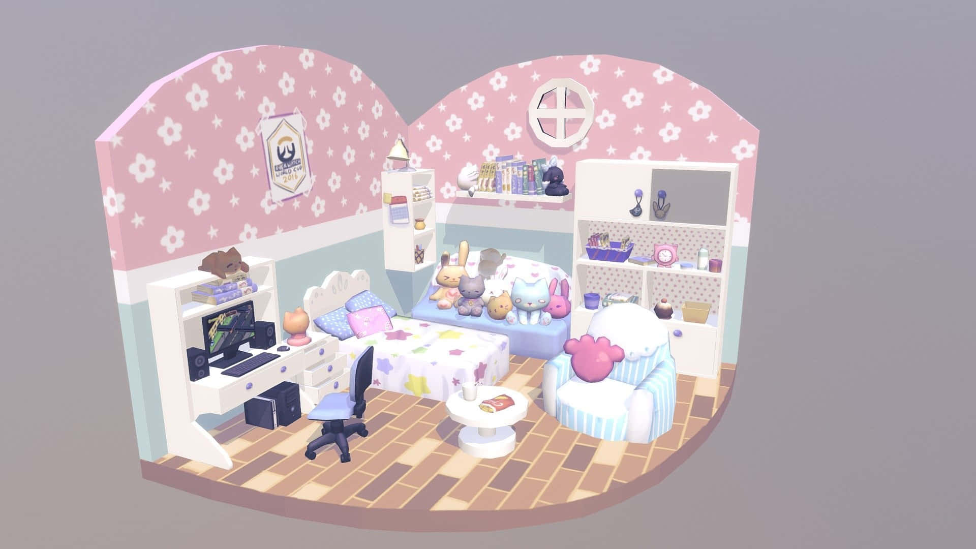 Kawaii Room 桌布 壁紙 — 可愛的粉彩粉藍色娃娃屋臥室，配有花卉壁紙、毛絨動物和帶電腦的書桌。