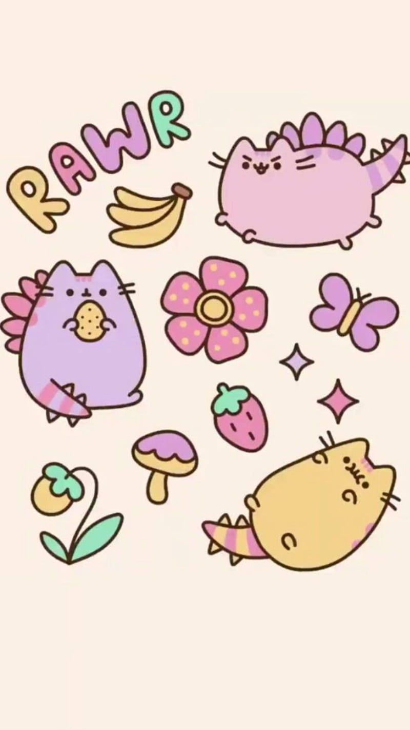 可愛的卡通貓咪，帶有恐龍刺和俏皮塗鴉，在粉彩背景上。 — Pusheen 動圖 壁紙
