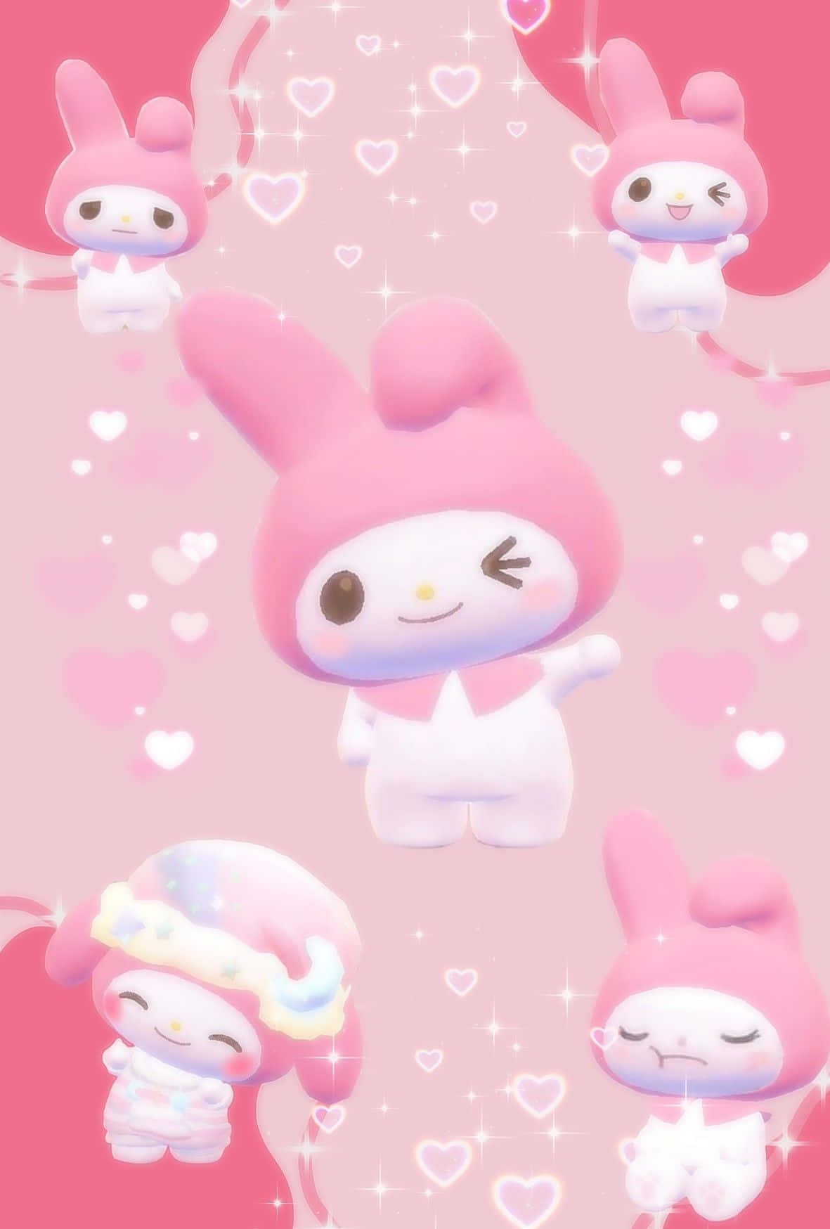 Cute My Melody 桌布 壁紙 — 可愛的粉紅色My Melody角色在閃爍的心形之間漂浮在夢幻的粉彩粉紅色背景上。