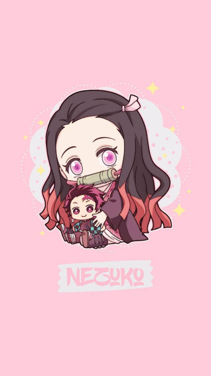 Demon Slayer Chibi 桌布 壁紙 — 可愛的粉紅色主題插圖中的Chibi動漫角色Nezuko和Tanjiro，帶有閃光和名牌。