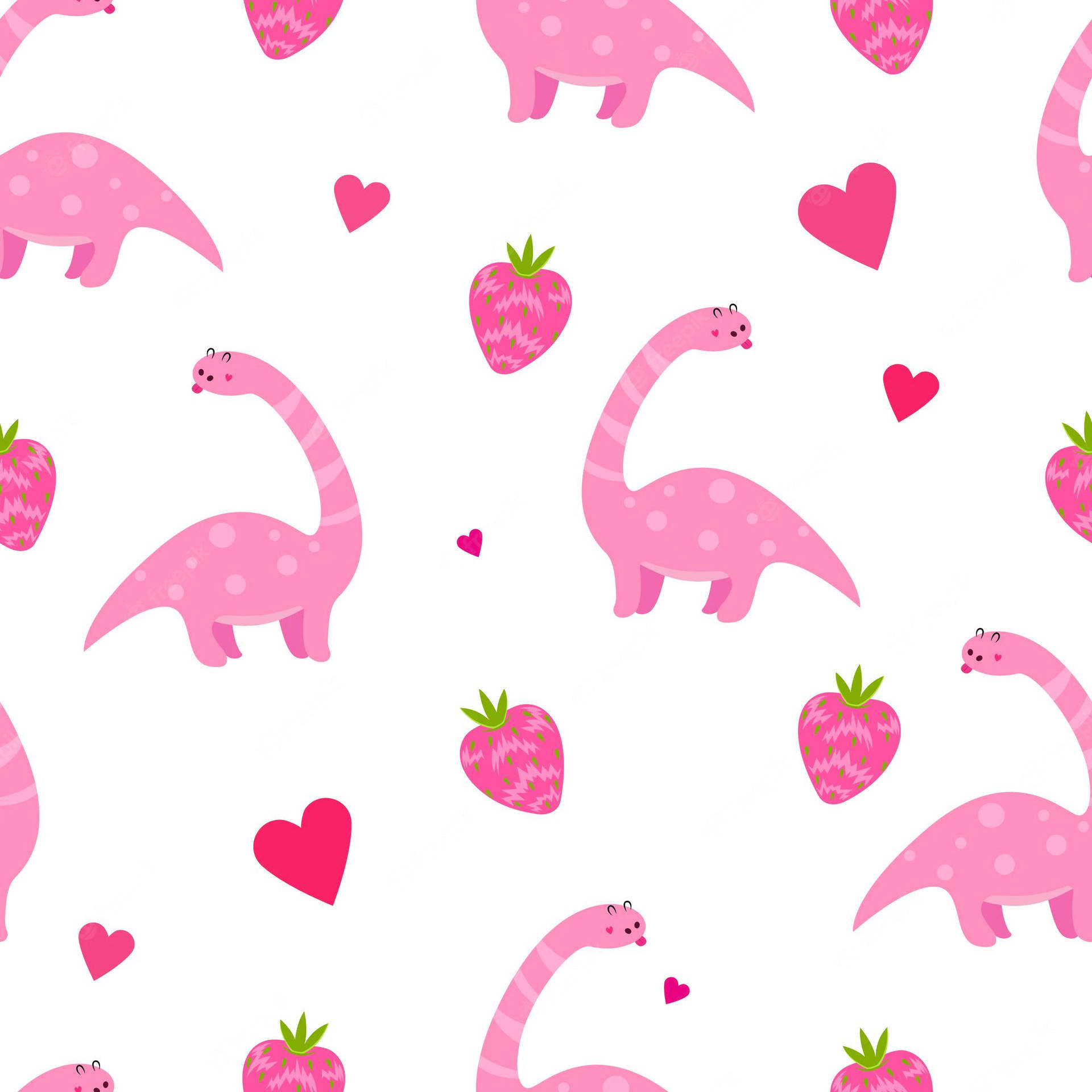 Cute Dinosaur Pattern 桌布 壁紙 — 可愛的粉紅色卡通恐龍和草莓，心形散落在白色背景上。