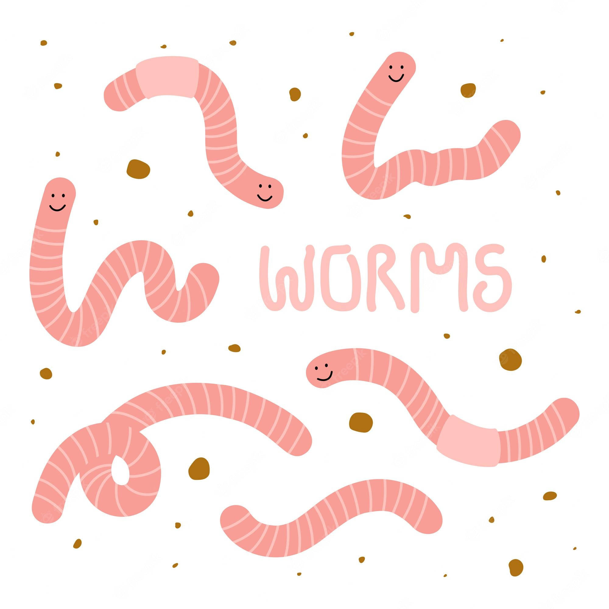 worm 桌布 壁紙 — 可愛的粉紅色卡通蟲子，帶著笑臉和條紋身體，在白色背景上金色斑點中頑皮地漂浮。