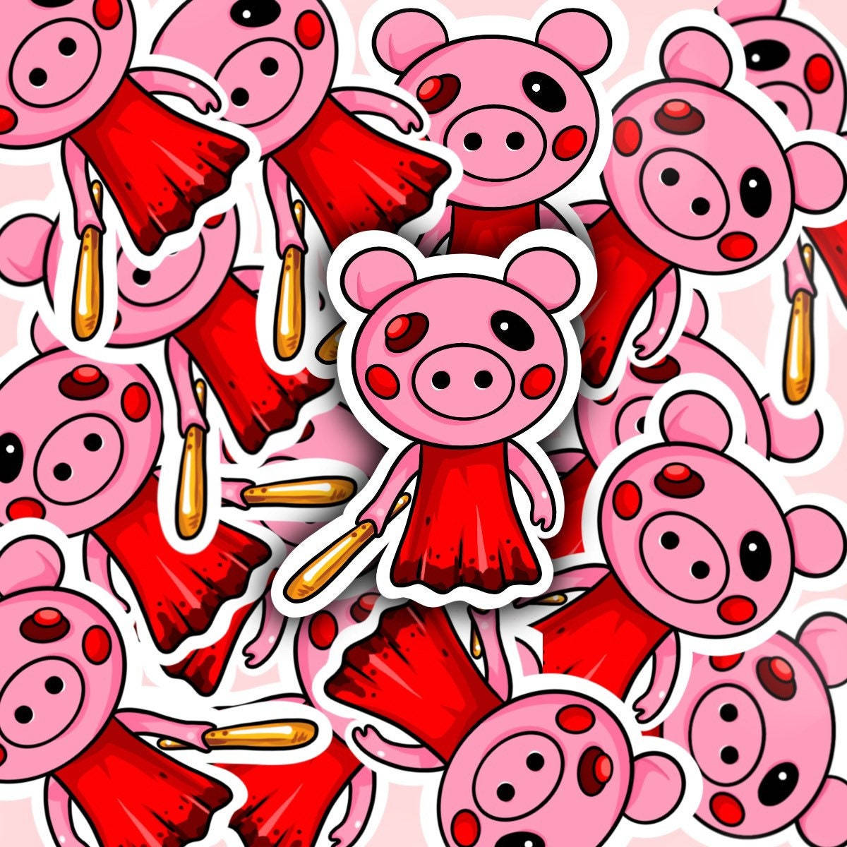 Piggy 桌布 壁紙 — 可愛的粉紅色卡通豬穿著紅色連衣裙拿著金色指揮棒，散落在淺粉紅色背景上的貼紙。