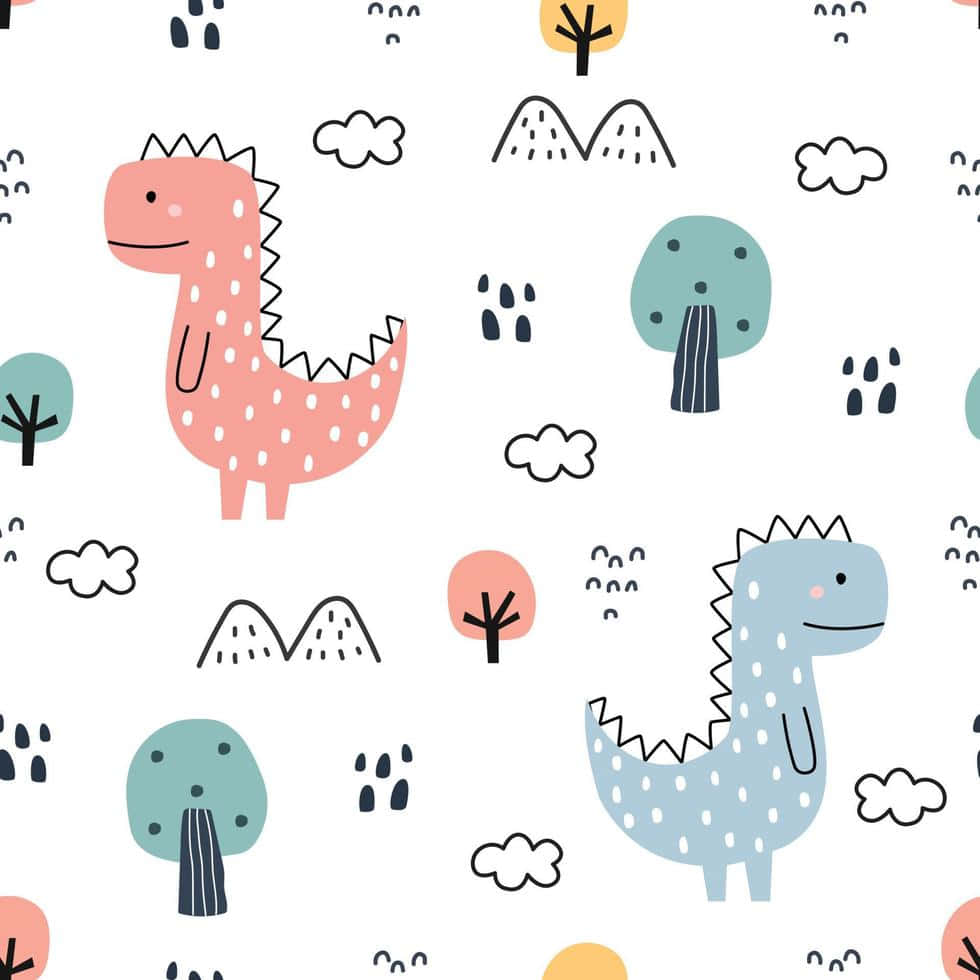 Cute Cartoon Animal 桌布 壁紙 — 可愛的粉紅色和藍色圓點恐龍，搭配樹木、雲朵和山脈，形成一個俏皮的重複圖案。