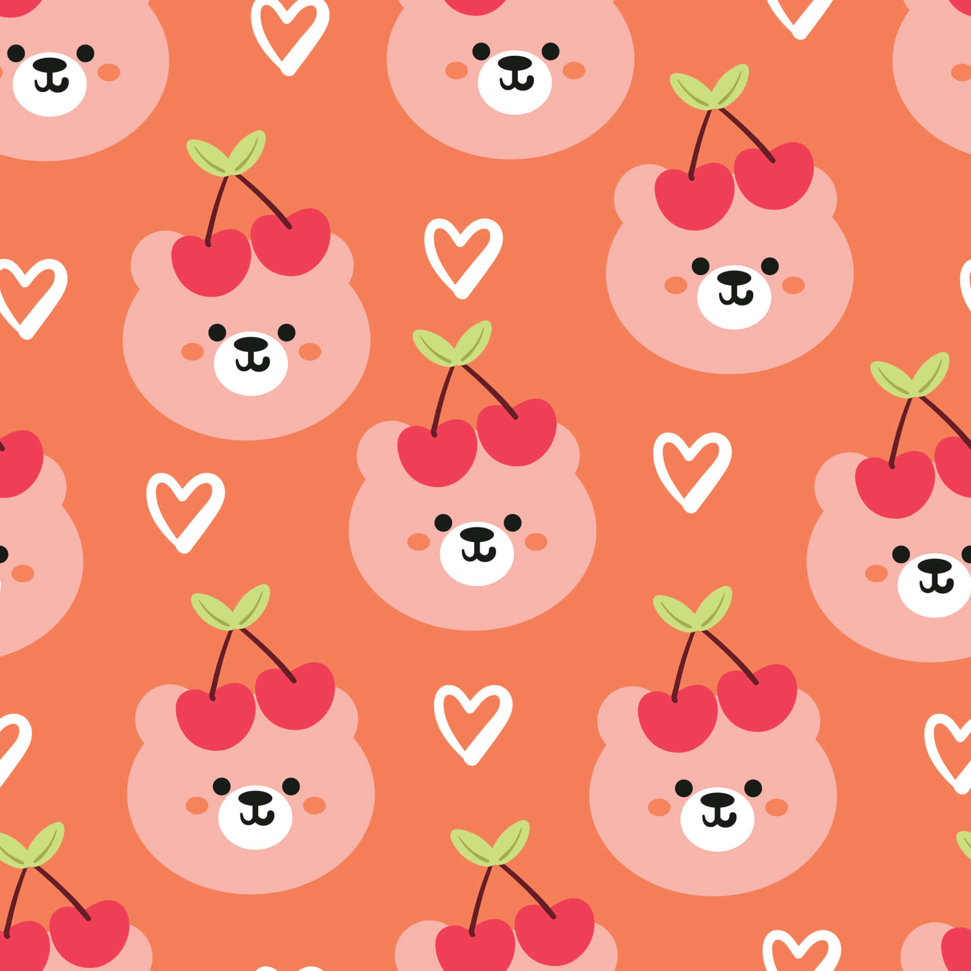 Cute Bear 桌布 壁紙 — 可愛的粉紅色小熊戴著櫻桃帽和心形圖案，在溫暖的珊瑚色背景上重複形成俏皮圖案。