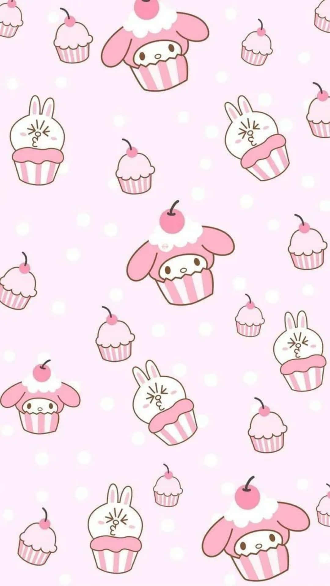 sanrio 桌布 壁紙 — 可愛的粉紅色杯子蛋糕角色，頂部有櫻桃，漂浮在粉紅色圓點背景上。