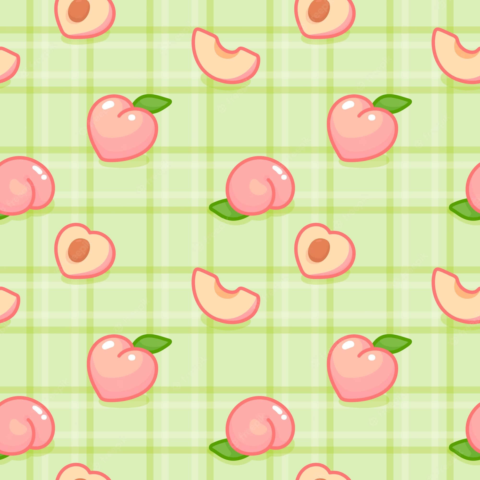 Cute Peach 桌布 壁紙 — 可愛的粉紅色桃子片和整個桃子漂浮在淺綠色格子背景上，形成一個俏皮的圖案。