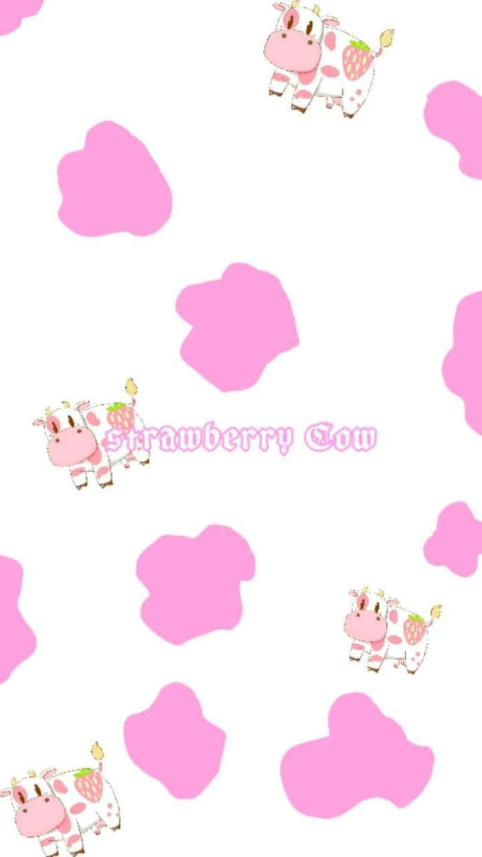 Kawaii Cow 桌布 壁紙 — 可愛的粉紅色草莓牛在乾淨的白色背景上漂浮在柔軟的粉紅色雲朵形狀之間。