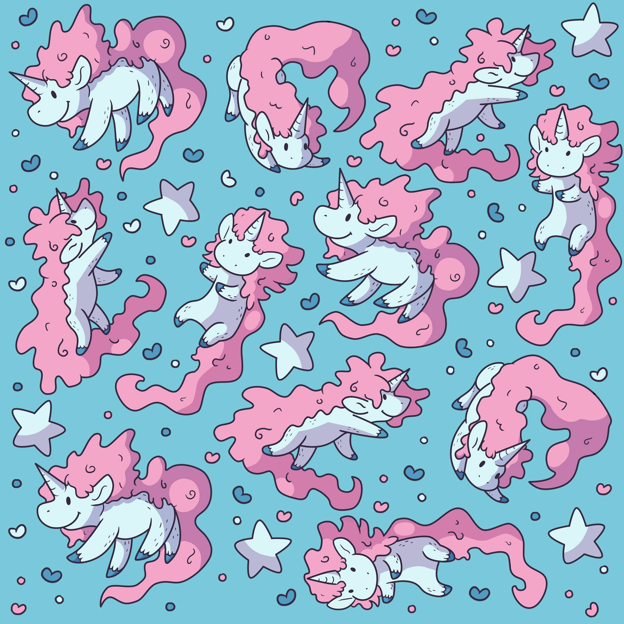 獨角獸 桌布 壁紙 — 可愛的粉紅色鬃毛獨角獸在星星、心形和泡泡中嬉戲漂浮在柔和的藍色背景上。