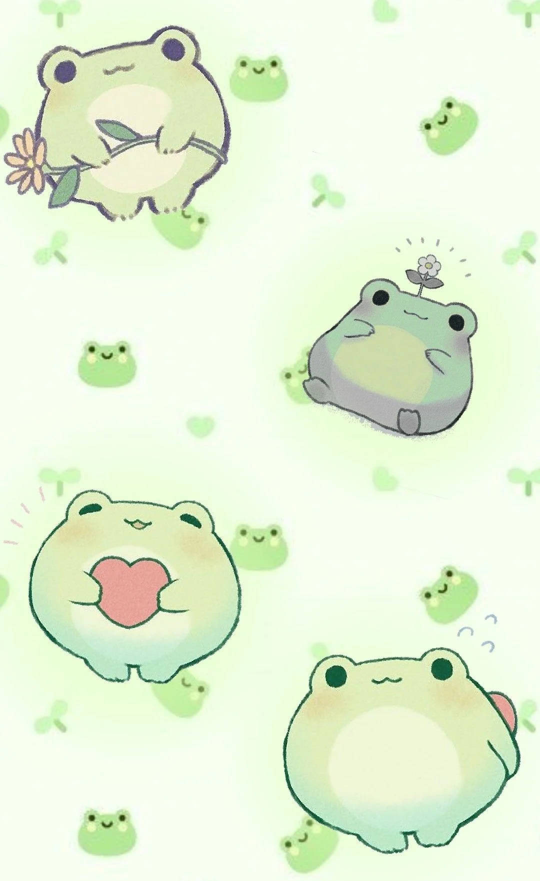 可愛青蛙 桌布 壁紙 — 可愛的粉綠色青蛙以可愛姿勢拿著花朵和心形，輕輕漂浮在柔和的薄荷色背景上。