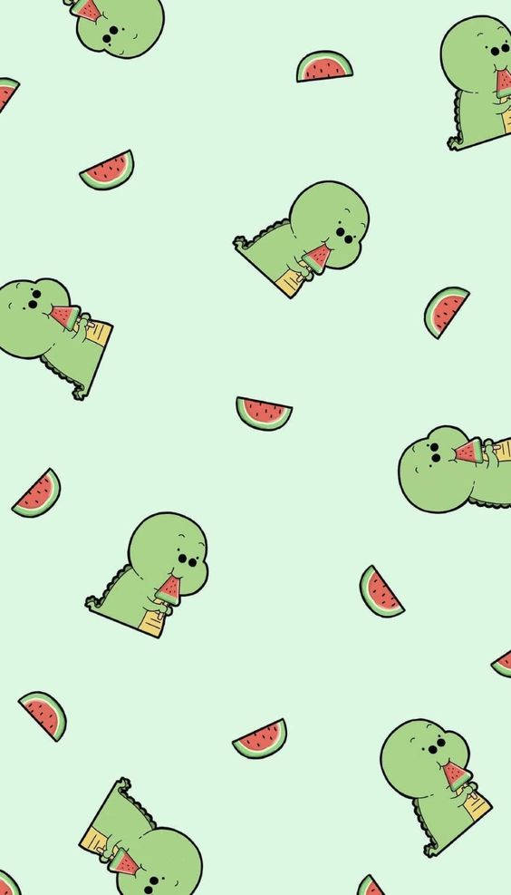 Cartoon Dinosaur Phone 桌布 壁紙 — 可愛的綠色卡通鱷魚在柔和的薄荷色背景上快樂地咀嚼西瓜片。