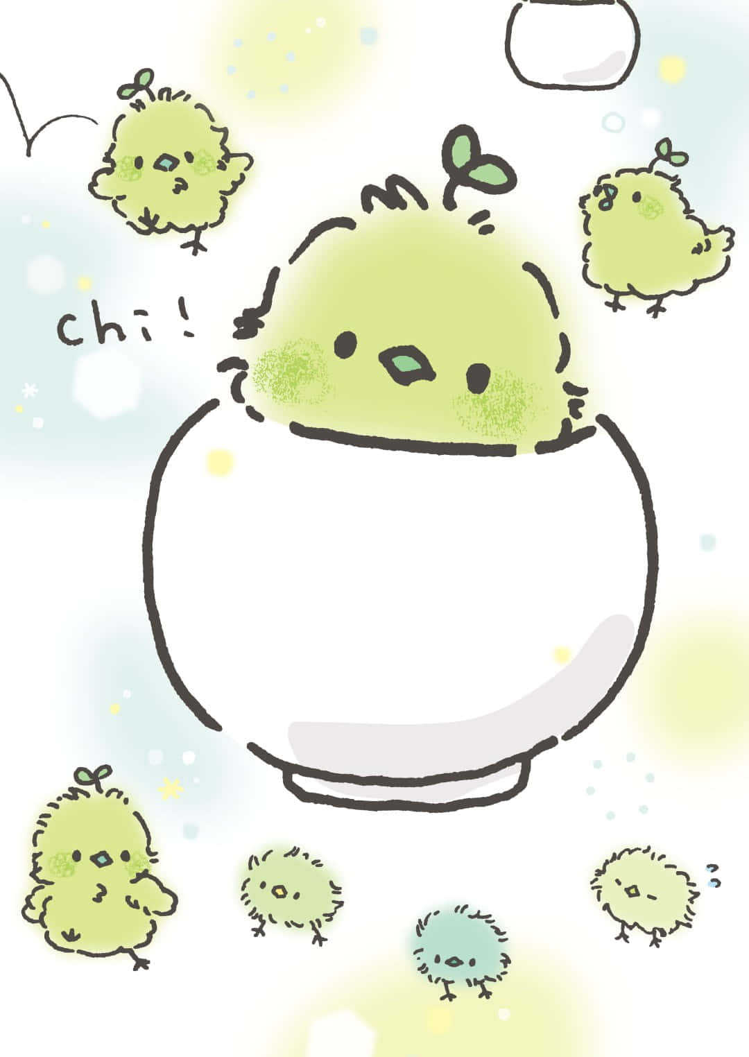 Kawaii Bird 桌布 壁紙 — 可愛的綠色小雞角色，從白色碗中探出葉芽，周圍環繞著柔和的光芒。