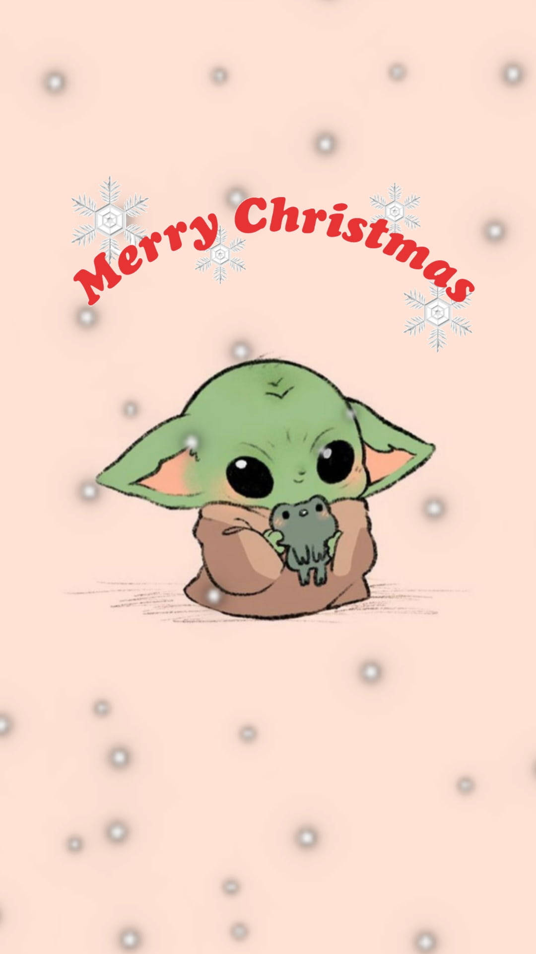 Cute Merry Christmas 桌布 壁紙 — 可愛的綠色尤達寶寶在飄落的雪花下擁抱一隻小青蛙，上方有「聖誕快樂」文字。