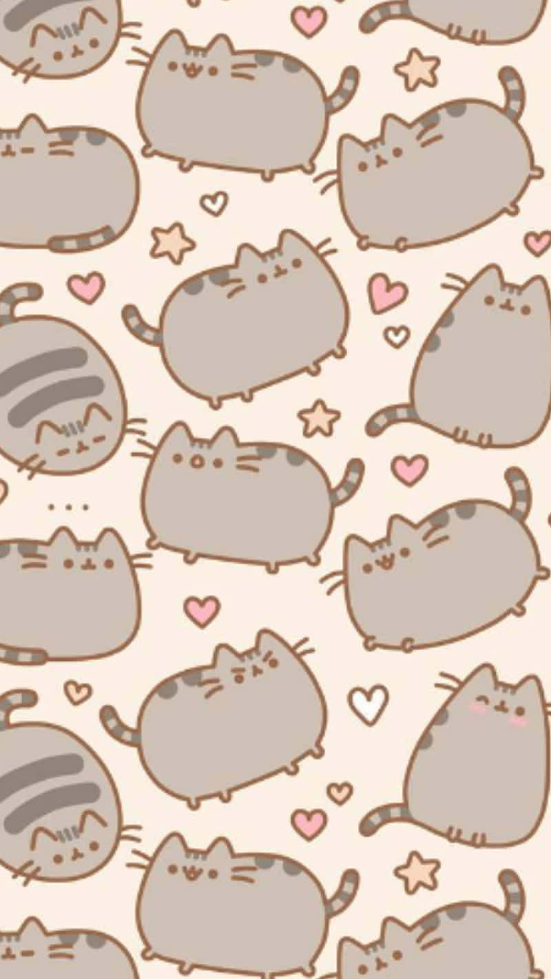 Cute Pusheen 桌布 壁紙 — 可愛的胖胖卡通貓咪，心形和星星散落在柔軟的米色背景上。